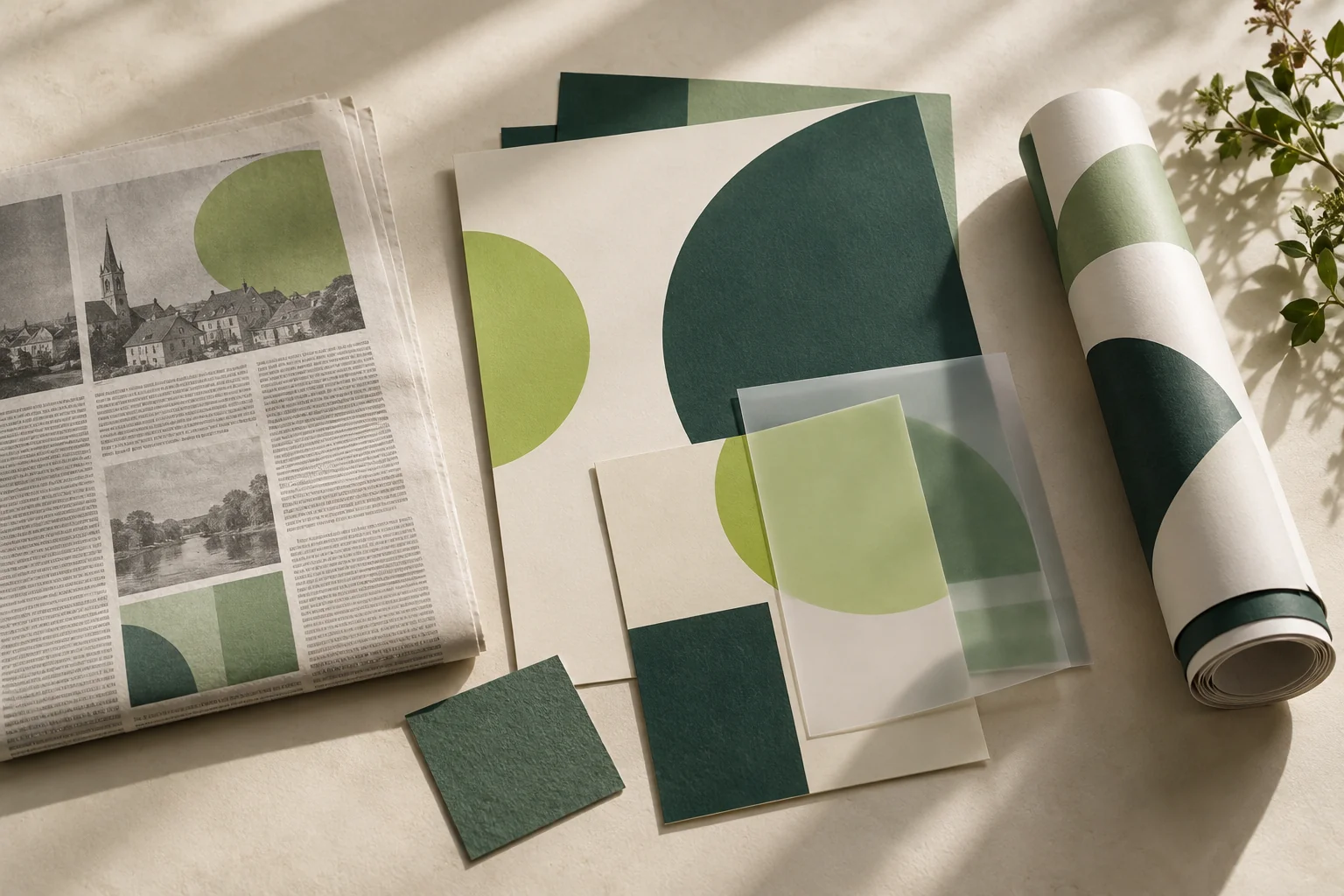 Illustrative Druckmuster mit Zeitung, Werbemotiven und Folien in Grün- und Naturtönen