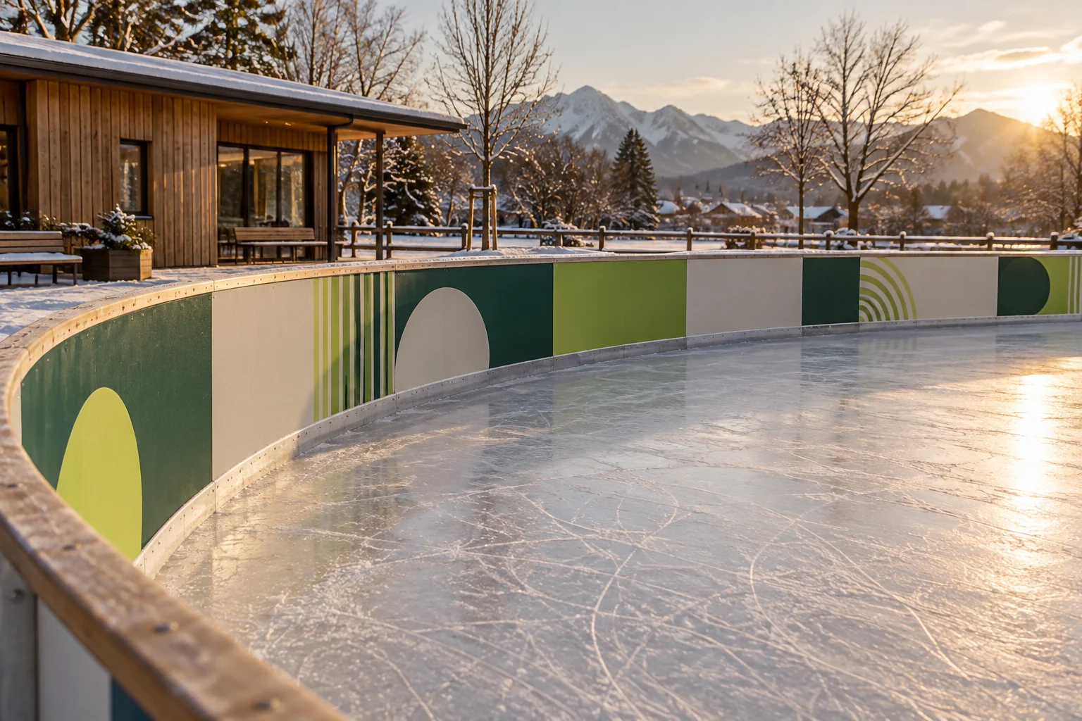 Illustratives Werbeprojekt: Eisbahn mit gestalteten Werbebanden im warmen Abendlicht